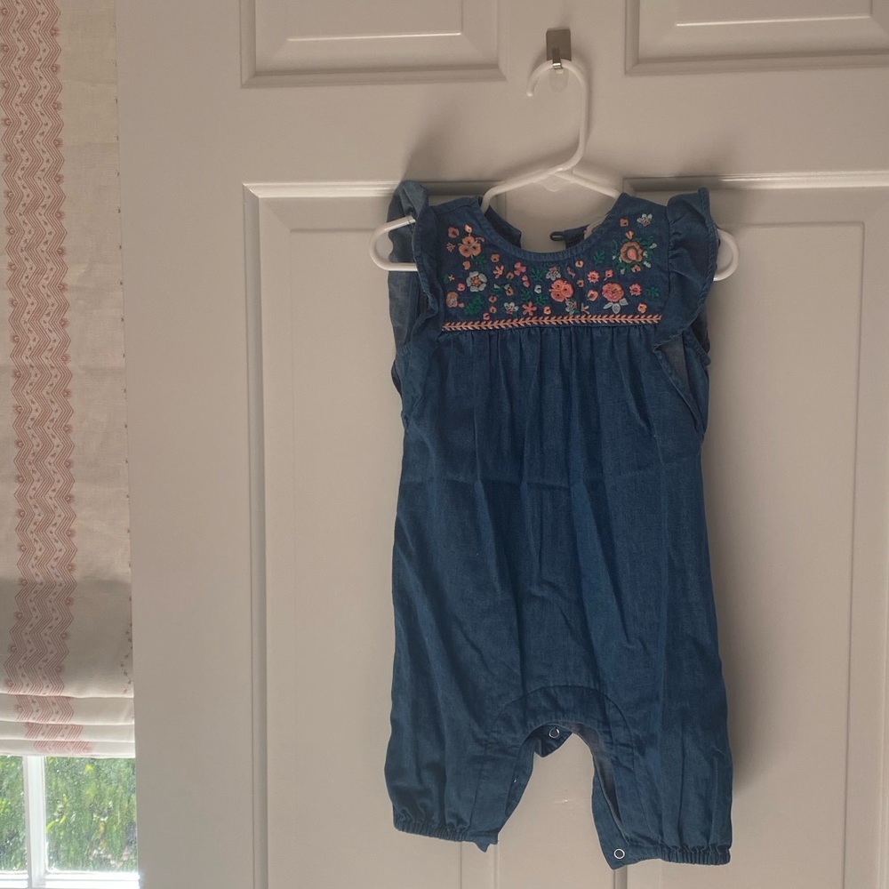 Embroidered denim long bubble romper